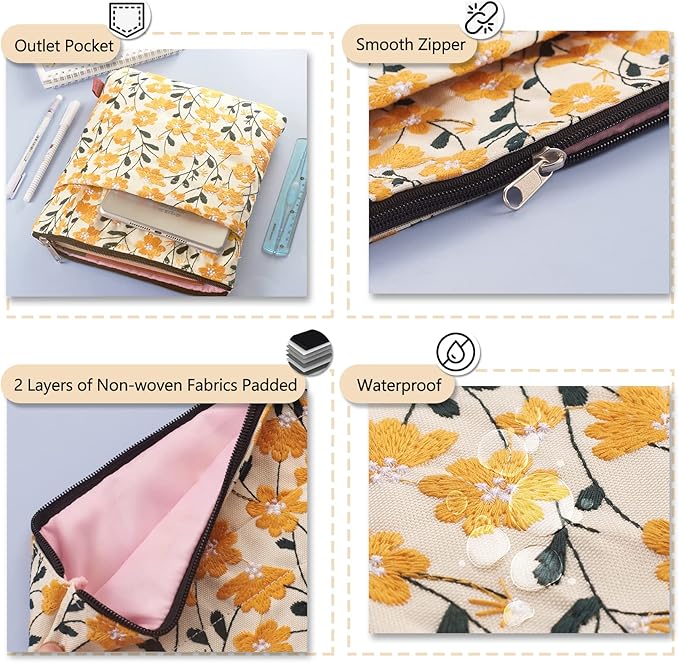 LParkin Daisy Flower Embroidery Book Sleeve with Zipper for Readers Protector Cover Gift for Book Lovers, 11x 8.5 Inch Washable Fabric, Daisy Yellow (Yellow)