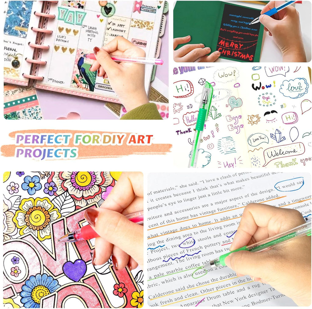 Glitter Gel Pens with Case for Adult Coloring Books, 100 Color Glitter Pen Set 30% More Ink Neon Glitter Gel Marker for Journaling Crafting Doodling Drawing