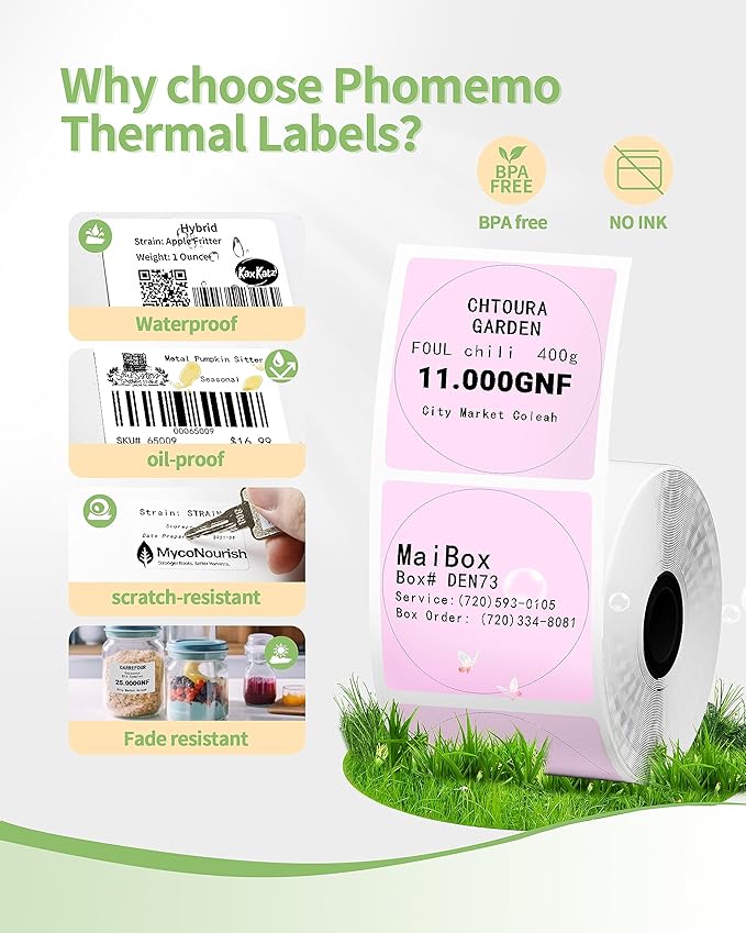 3 Roll Circle Thermal Labels Compatible with Phomemo M110/M221/M220/M120/M200/M110S Label Printers, 1.96"（50mm）,Round Thermal Paper for Design Logo/Gift/Business,140Labels/Roll,Blue/Pink/Khaki
