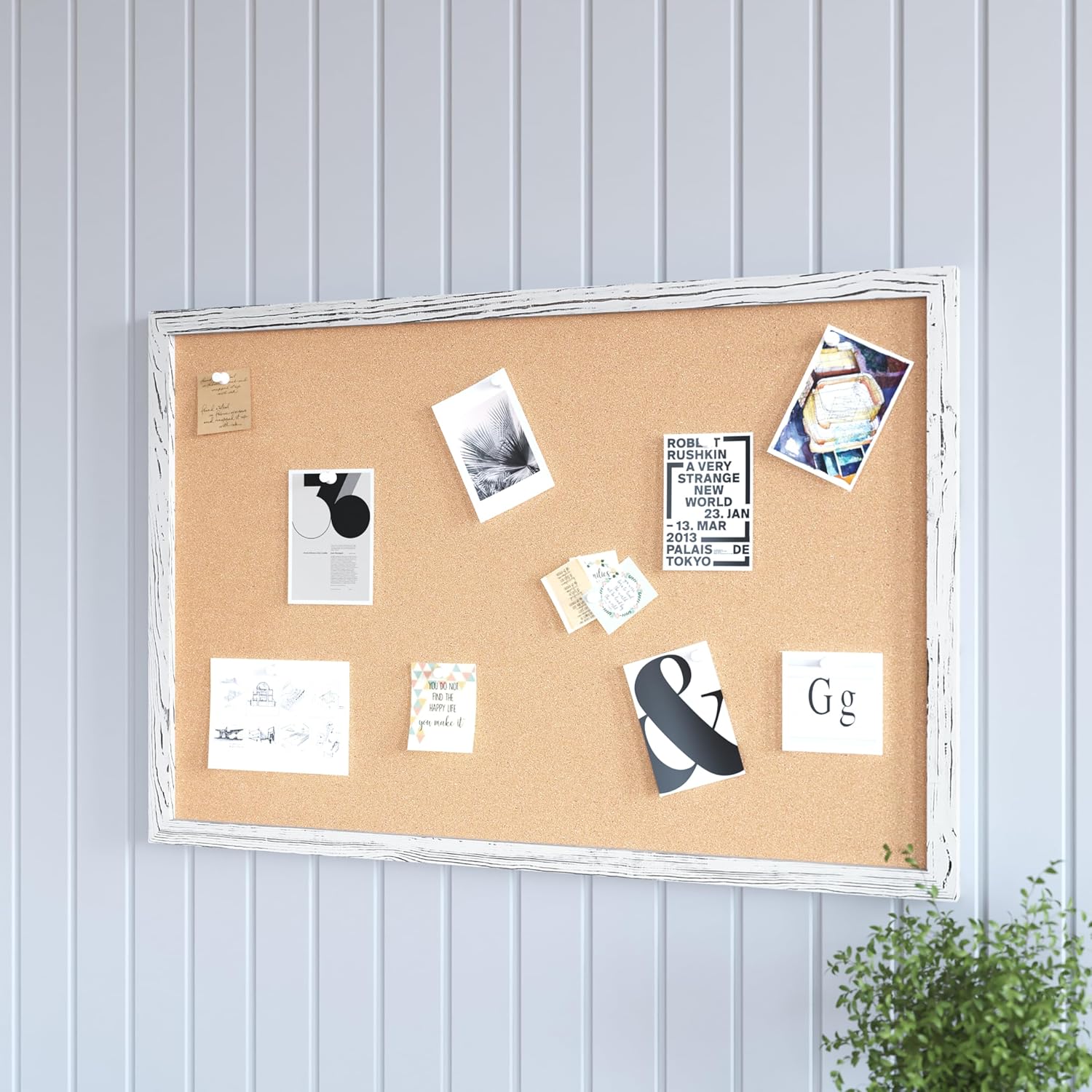 HBCY Creations Wall Mount Whitewashed Cork Board - 24" W x 36" H - 6 Wooden Push Pins - Solid Pine Wood Frame - for Kitchen, Classrooms, Restaurant Menus and More!