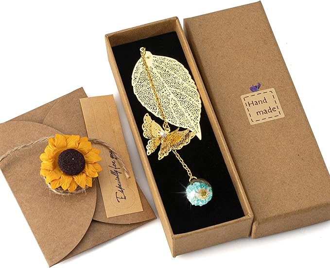 Bookmark with Gift Card,Golden Leaf Book Mark, Rose Flower Craft Gift Card Envelope, Gift for Family, Friend, Kid, Book Lovers sunflbw