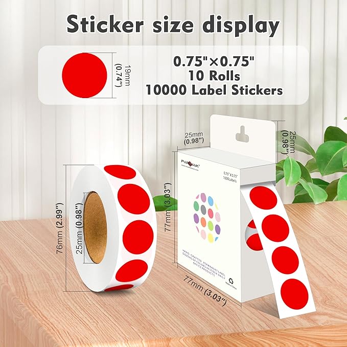 PARLAIM 3/4 Inch Roll Color Coding Labels,10000 per 10 Rolls Round Permanent Adhesive Color Coding Circle Dot Stickers for Office Home (Red)