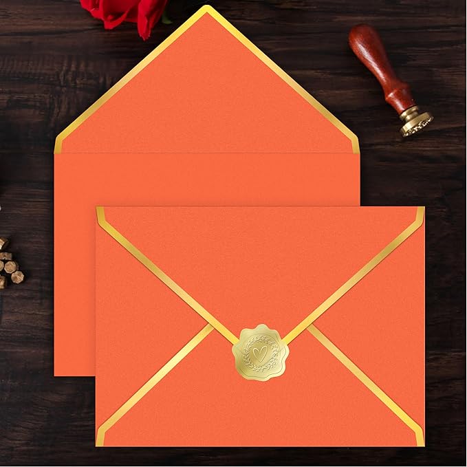 60 Pack Gold Envelopes 5x7 Orange, 250G Pearled Cardstock A7 Envelopes for Invitations Business Mailing Envelope with Gold Foil Border, A6 4x6 Envelopes for Wedding Baby Shower Cards