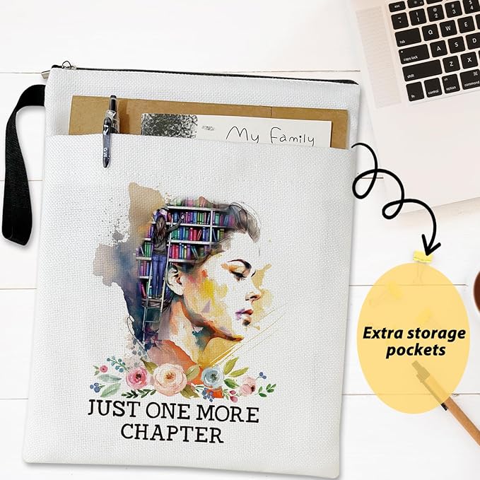 Just One More Chapter - Flowers Book Sleeve, Book Lovers Gifts Book Pouch Book Sleeve with Zipper and Front Pocket Reader Gifts Birthday Gifts for Adult Teen Teacher -09