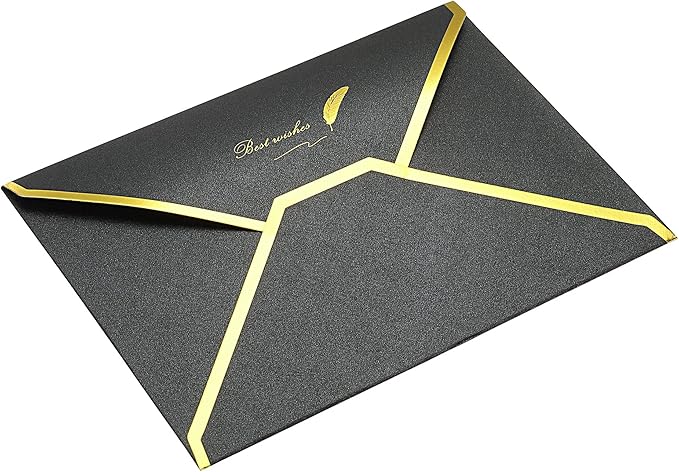 PATIKIL V Flap Envelopes, 10 Pack 7 x 5'' Luxury Style Gold Border Greeting Card Envelope for Invitations Weddings, Black