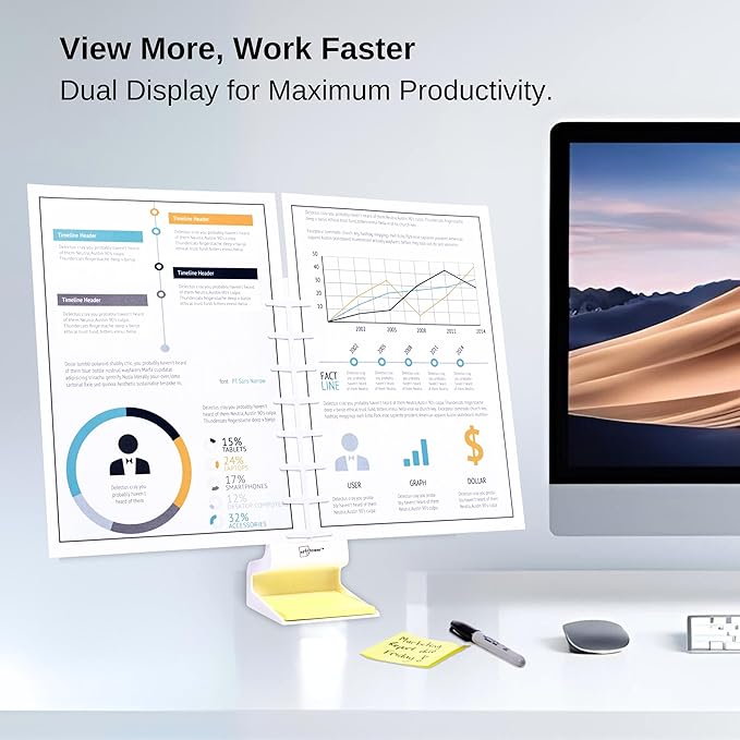 Note Tower Desktop Pro Dual Document Holder for Typing | Compact 2 Page Paper Holder Stand for Desk | Document Stand Holds Copy Paper, Photos & Post Notes | Dispenser includes 3x3 Sticky Notes | White