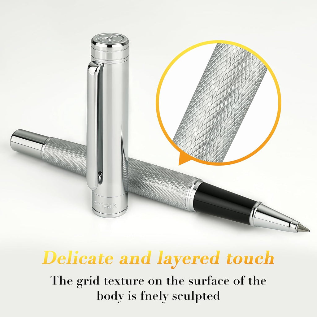 Silver Rollerball Pen, Stunning Luxury Pen with Mesh Texture Design, Bright Silver Chrome Finish, Schmidt refill, Nice Gift Set for Men & Women, Executive, Office, Graduation, Fancy Pens