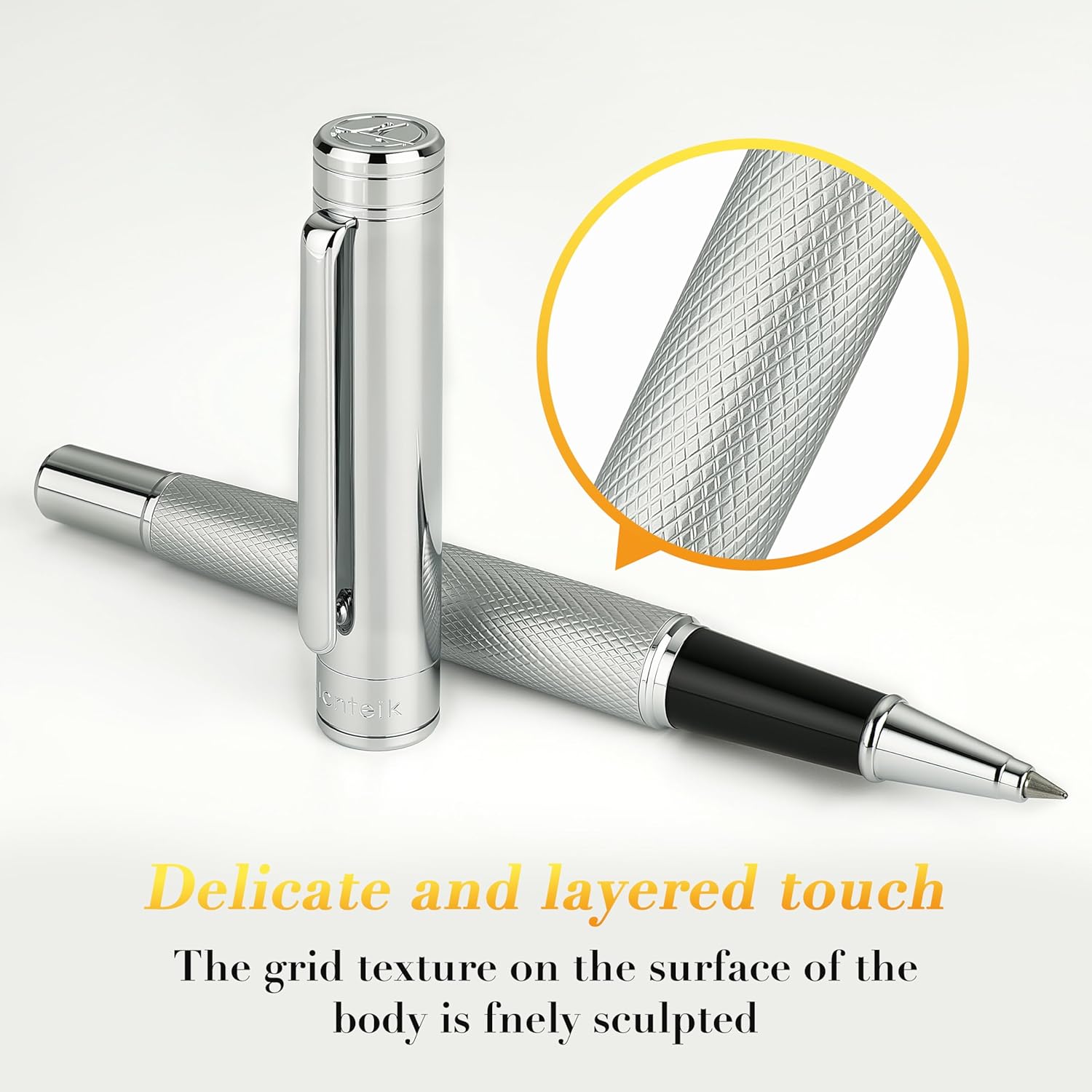 Silver Rollerball Pen, Stunning Luxury Pen with Mesh Texture Design, Bright Silver Chrome Finish, Schmidt refill, Nice Gift Set for Men & Women, Executive, Office, Graduation, Fancy Pens
