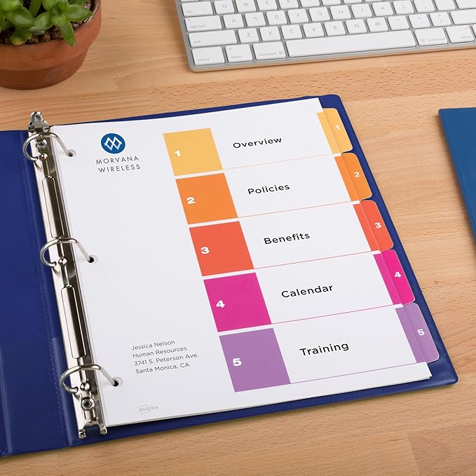 Avery 5 Tab Dividers for 3 Ring Binders, Customizable Table of Contents, Multicolor Tabs, 3 Sets (11070)