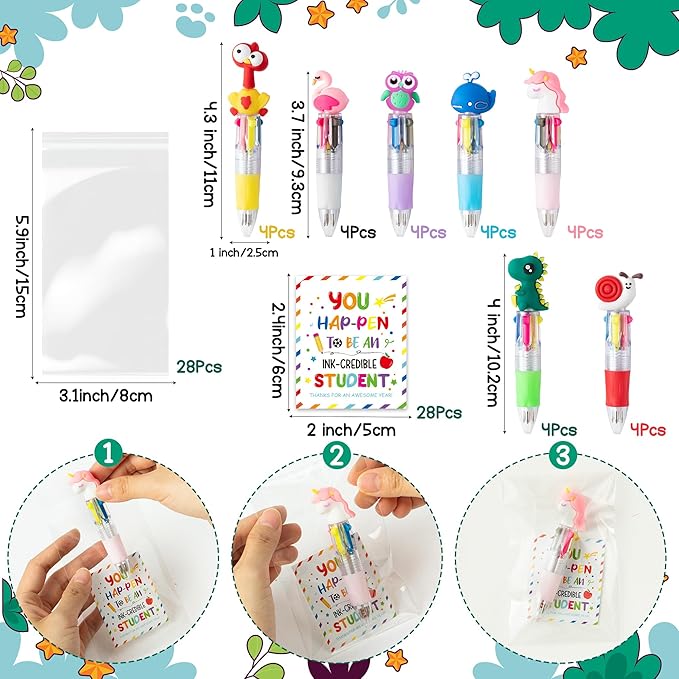 ANGOLIO 84Pcs End of Year Student Gift Includes Cute Cartoon 4 in 1 Multicolor Retractable Ballpoint Pen with Gift Cards for Kindergarten Party Gifts Bulk for School Exchange Gift