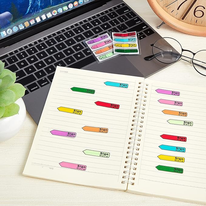 Tatuo 4800 Pcs Sign Here Tabs Colored Flag Stickers 8 Colors with Dispenser Arrow Flag Easy to Post for Notary Books Paper (Sign Here Style)