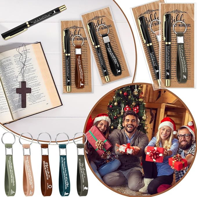 25 Sets Christmas Christian Church Gifts Bulk Bible Verse Plastic Gel Pen Religious Silicone Keychains Scripture Bookmark 2''x 6'' Emergency Numbers Bible Bookmarks Gift Pastor(Black)