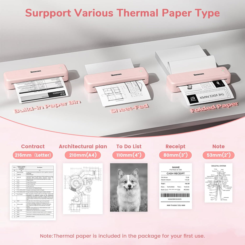 Phomemo Portable Printers Wireless for Travel Upgraded,M834 Bluetooth Thermal Printer 8.5" x 11"& A4 Size,Inkless Mobile Printer with Carry Case for Travel,Office,School,Car,Home,Pink