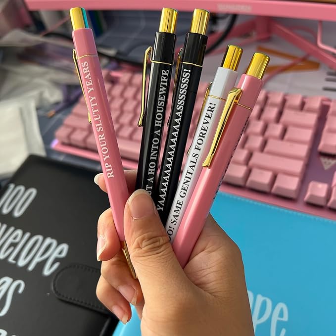 Jxueych Funny Pens 5-Count, Black Ink,Medium Nib 1.0mm, Funny Office Gifts for Coworkers, Personalized Pens Vibrant Funny Quotes Swear Word Daily Pen Set (N)