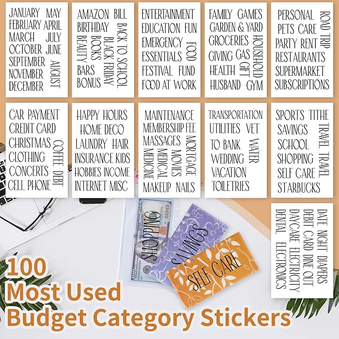 OOUUREC Cash Envelope Sticker Labels - 100 Black Vinyl Decals for Finance Planner, Budget Binder, Wallet