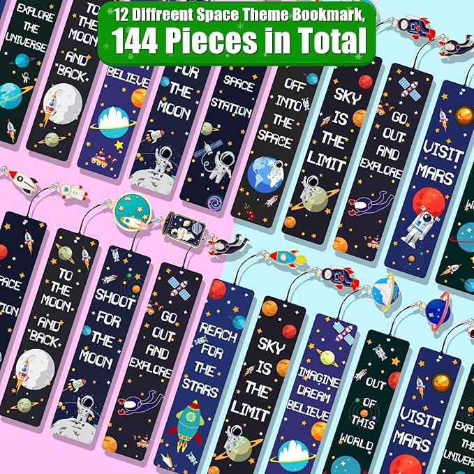 Christmas Space Theme Bookmarks with Metal Charms Planet Rocket Space Ship Theme Bookmarks Inspirational Quotes Bookmarks for Space Christmas Party Favors Gifts Kids Boys Girls Encourage(144 Pieces)