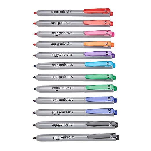 Amazon Basics Permanent Markers, Retractable, 12 Count, Art Supplies for Home, School, and Office Use, Assorted