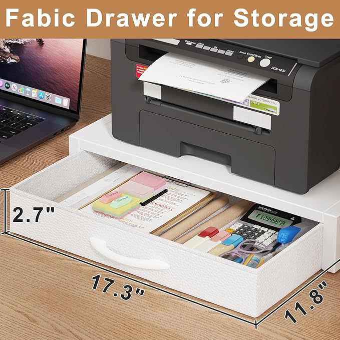 2-Tier Desktop Printer Stand with Fabric Drawer, Prtiner Table with Storage Shelf, Desk Organizer for Home Office,3D Printer,Fax Machine,Scanner, 19.6"x14.9" White