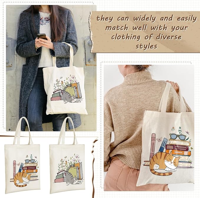 Sweetude 8 Pack Christmas Book Club Gifts Book Lovers Tote Bag Bulk Bookish Canvas bag Librarian Readers Gifts for Women(Cat)