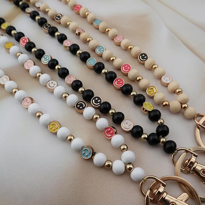 Smile Teacher Lanyard for Women ID Badges and Keychain Cute Happy Wood and Metal Beaded Lanyard Badge Holder
