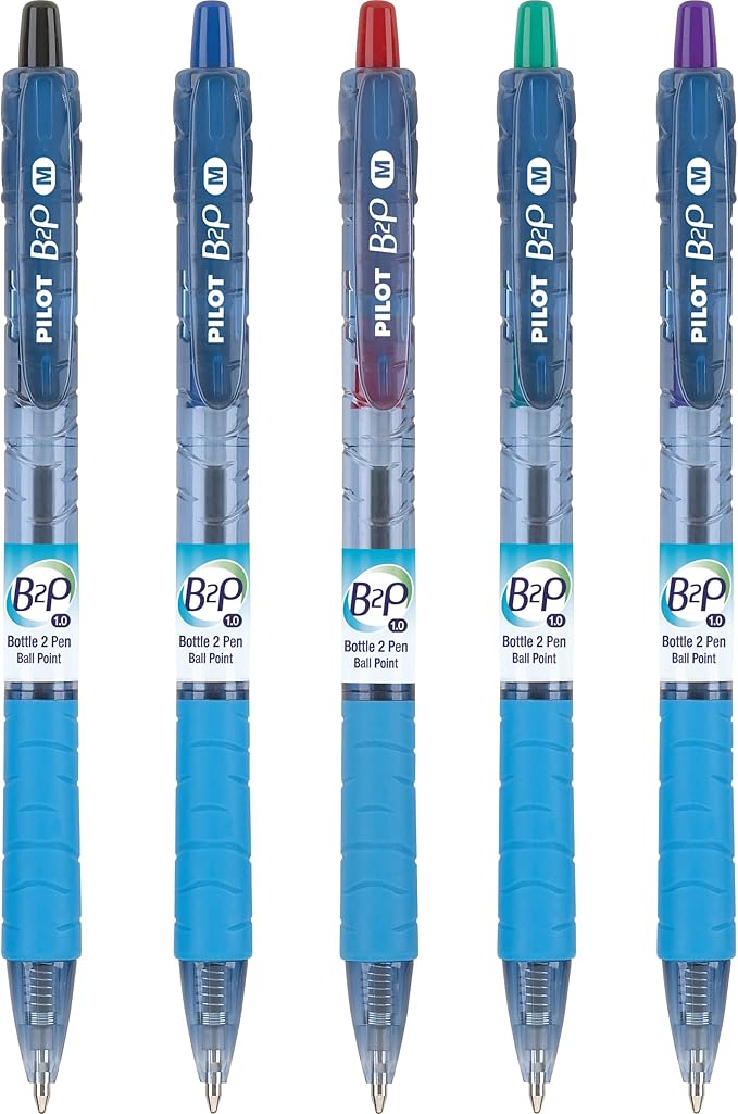 PILOT B2P - Bottle to Pen Refillable & Retractable Ball Point Pen Made From Recycled Bottles, Medium Point, Black/Blue/Red/Green/Purple Inks, 5-Pack (32814)
