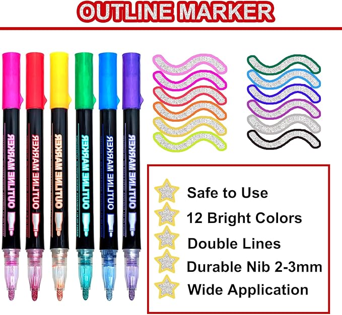 Shimmer Outline Markers Doodle Outline Pens:12 Glitter Pens Outliner Set Christmas Stocking Stuffers Tween Teen Girl Gifts Trendy Stuff Cute Arts Crafts Supplies Kids Ages 4 6 8 9 10 14 16 18 Year Old