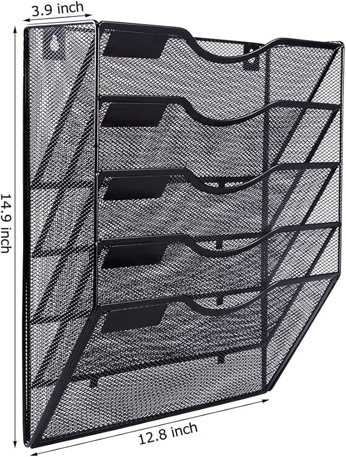 EASEPRES 5 Pocket Mesh Hanging Wall File Organizer, Wall Mounted Mail Paper Document Folder Holder, Clipboard Storage Organization Magazine Rack with Nametag Label for Office Home School, Black