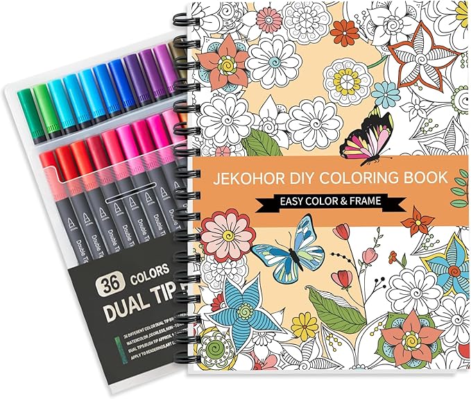 Adult Coloring Book Set,Spiral Bound Coloring Book for Adults Relaxation with 36 Colors Markers, Anxiety Relief Gifts with 30 Patterns Included Mandala Animal Flowers