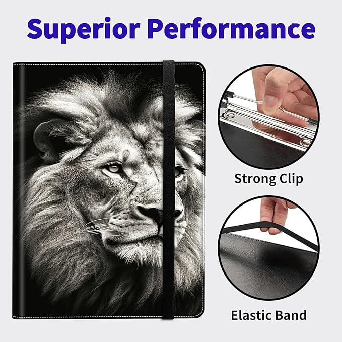Lion PU Leather Padfolio Clipboard Notepad with Pen Loop and Elastic Strap Interview/Resume Document Organizer for Business School Office