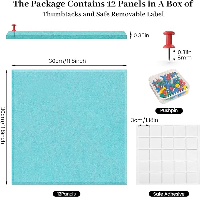 Felt Bulletin Board Felt Wall Tiles 12 Pack- 47"x35" Large Cork Board/Cork Tiles Alternative Safe Removable Felt Boards for Walls Felt Board for Office Felt Pin Board Baby Blue