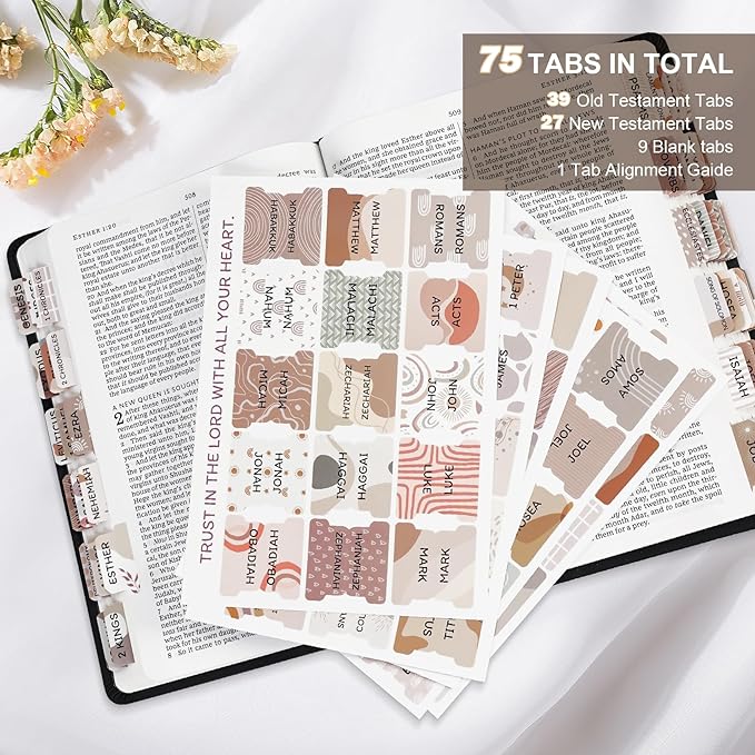Laminated Bible Tabs for Women & Men - Large Print Tabs for Study Bibles, Boho Theme for Easy Navigation and Quick Reference - Easy-to-Read and Apply Tabs for All Ages