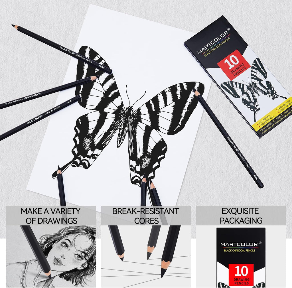 Charcoal Pencils for Drawing, 10 Pieces (S-Soft, Ex-Soft, Soft, Medium, & Hard) Black Charcoal Pencils for Sketching, Shading, Blending
