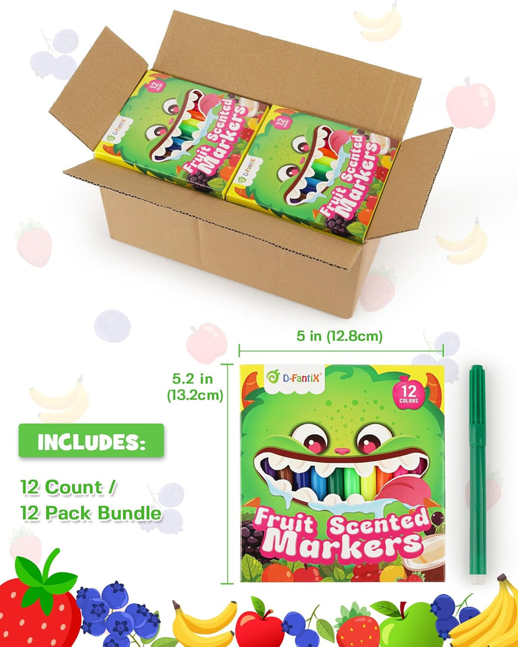 D-FantiX 12 Packs Fruit Scented Washable Markers for Kids Toddlers, 144 Count Coloring Markers Set, Bulk Art Supplies, Back to School Supplies, Gifts for Party Favors, Classroom Prizes, Donations