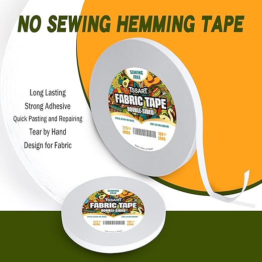 Fabric Tape - Strong Double-Sided Adhesive Cloth Tape, No Sewing or Ironing, Gluing, Alterations and Hemming - 2/5 Inch Wide 180FT Long