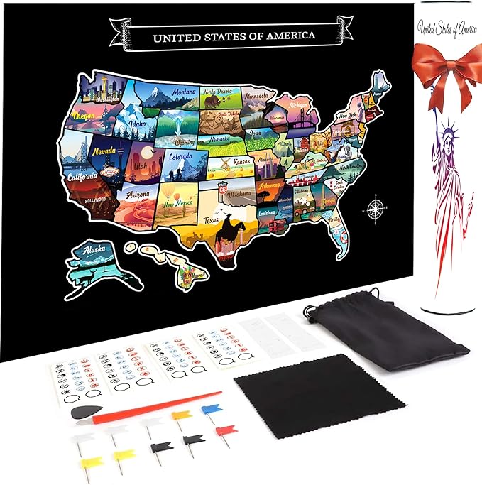 Large 23x16 Scratch-Off USA Map - Hand-Drawn Travel Design with Accessories, Laminated for Home Décor - Deluxe States Tracker, Road Trip Gift, Perfect for Travelers, Adventure & Geography Lovers