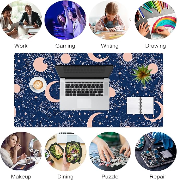 Colorful Star Starry Sky Large Desk Pad, Celestial Moon and Sun Extended Gaming Mouse Pad Non-Slip Desk Mat, Leather Blue Keyboard Mat for Desktop Gaming Accessories 31.5"x15.7"
