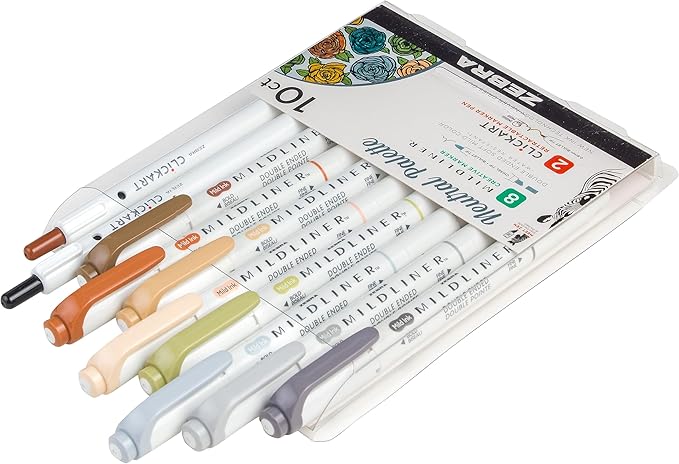 Zebra Pen Neutral Palette Set, Includes 8 Mildliner Highlighters and 2 ClickArt Markers, No Bleed Bible Assorted Neutral Vintage Ink Colors, 10-Pack, Model Number: 78601