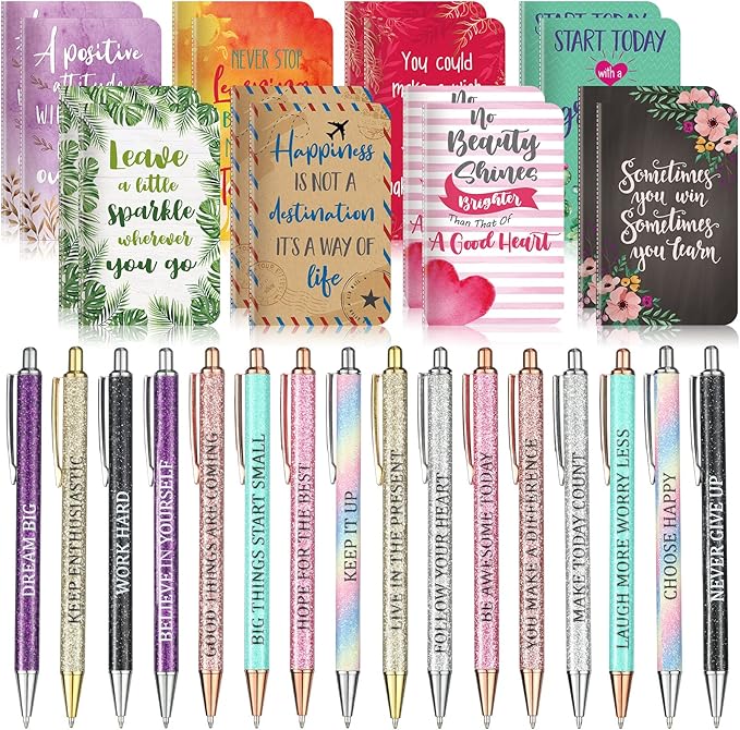 Funrous 32 Pcs Motivational Quote Pens Inspirational Notepads Mini Journal with Ballpoint Pen Small Notebooks Gift Set for Men Women Coworkers, Adult Party Favors Prizes Gift Bulk(Cute)