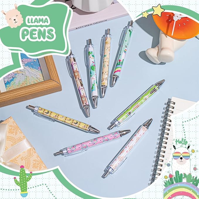 Ireer 8 Pcs Ballpoint Pens for Women 1.00 mm Cute Black Ink Fancy Pens Fine Point Smooth Writing for Journaling Aesthetic Office Supplies(Llama)