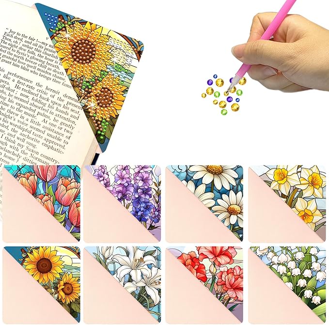 Diamond Art Painting Bookmarks,8Pcs DIY Cute Diamond Art Kits for Adults, Corner Bookmarks Small Crafts Kit for Women Book Lovers (Flower)