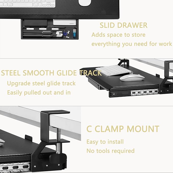 ETHU Keyboard Tray Under Desk, 26.8" x 12.2" Pull Out Steel Smooth Glide Sliding Keyboard Drawer, C Clamp Computer Keyboard Stand Ergonomic Desk Extender Tray for Home Office(Carbon)