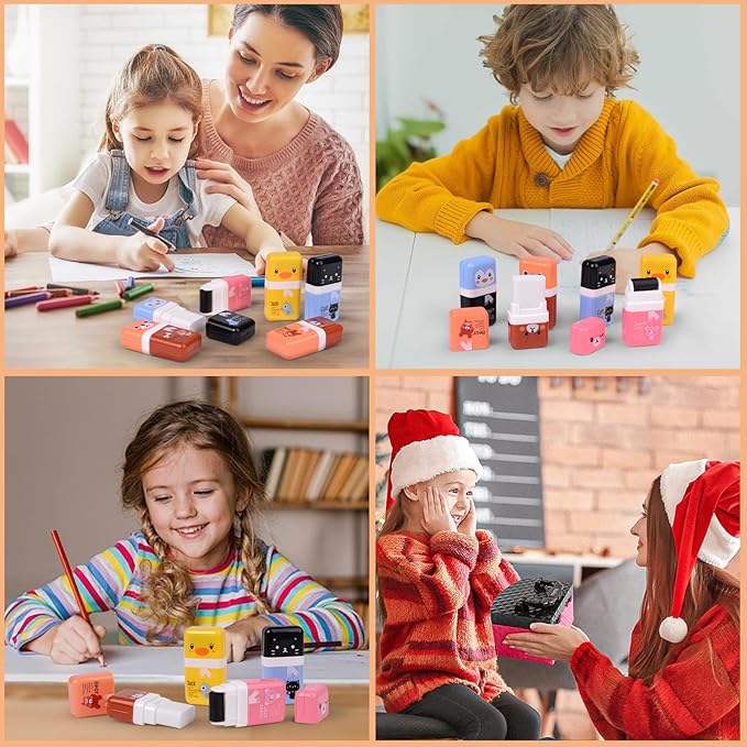 24 Pack of Pencil Erasers,Pencil Eraser Shaving Roller Case for Easy Pick Up and Removal | Animal Themed Cute and Fun Party Favor and School Supplies for Kids,Back to School Gift