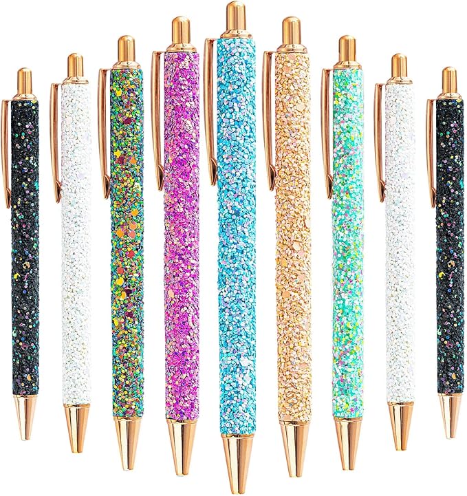 9 Pcs Fancy Pens for Women Glitter Colorful Ballpoint Pens Metal Retractable Pens Black Ink Medium Point 1.0 mm Pretty Cute Sequins Pens Journaling Pens for Women Girls (Classic style)