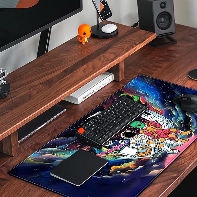 Funny Space Mouse Pad Desk Mat Astronaut Alien Large Gaming Mouse Pads Anime Desk Pad Mousepad XXL Cool Trippy Universe Extended Keyboard Mat with Stitched Edges Anti-Slip, 31.5 X 15.8 in
