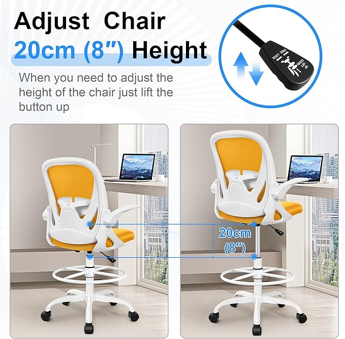 Primy Drafting Chair Tall Office Chair with Flip-up Armrests Executive Ergonomic Computer Standing Desk Chair with Lumbar Support and Adjustable Footrest Ring（Yellow）