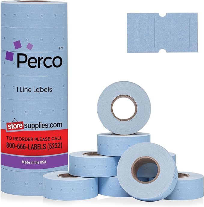 Perco 1 Line Blue Labels - 8 Rolls, 1 Sleeve, 8,000 Blank Price and Date Gun Labels for Perco 1 Line Price and Date Guns - Made in USA