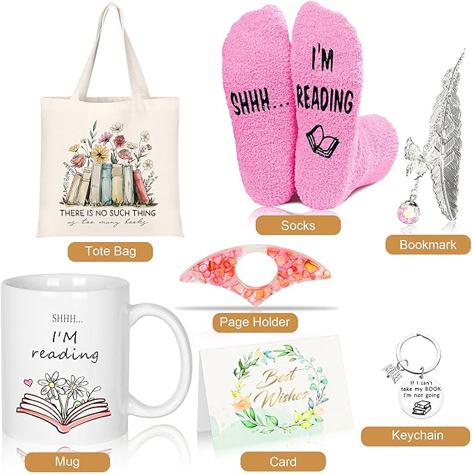Bookish Book Lovers Gifts Readers - 7pcs Reading Accessories w/Bookmark, Cozy Socks, Cute Tote Bag, Coffee Mug, Hanging Decor and Cards, Booklovers Gift Idea for Women Bookworm Teacher Librarian