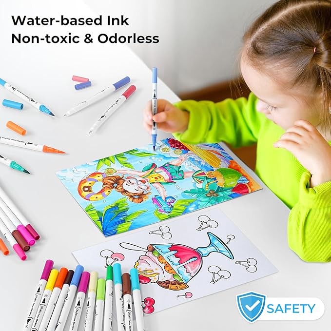 Ohuhu Markers for Adult Coloring Books No Bleeding 120 Colors Water-based Dual Tips Fineliner & Brush Coloring Markers for Kids Adults Beginners Drawing Pens for Journaling Lettering - Maui - White