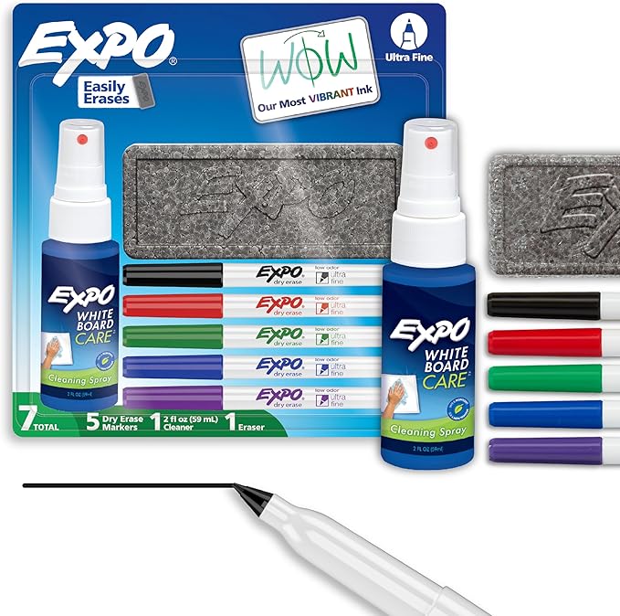 EXPO Dry Erase Markers Kit, Ultra Fine Tip, Assorted Colors, Eraser, Spray Cleaner, 7 Count