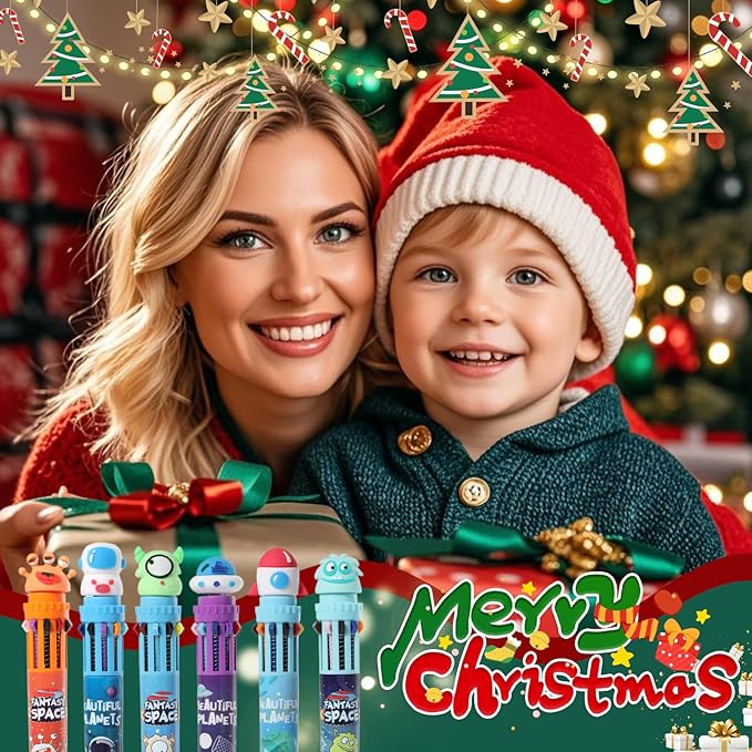 Multicolor Ballpoint Pen 0.7 mm, 10-in-1 Colored Pens Fine Point Retractable Cartoon Space Ballpoint Pens for Office School Students Kids Christmas Gift, 6 Pack